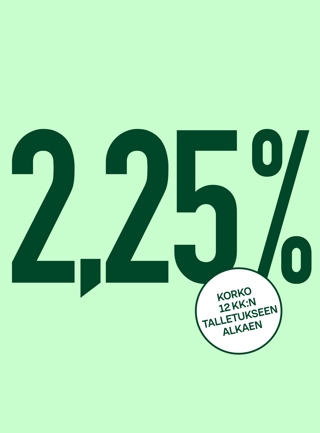 Kuvassa teksti: 2,25 %, Korko 12 kk:n talletukseen alkaen